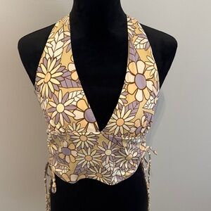 Daisy Print Halter Crop Top - Cream and Purple